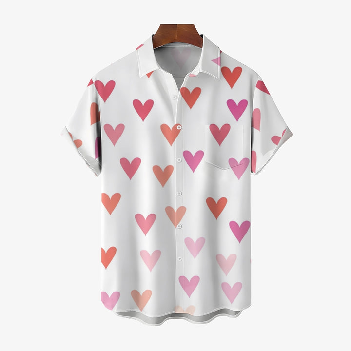 Valentine's Day Pink Heart Print Short Sleeve Shirt 2412008021