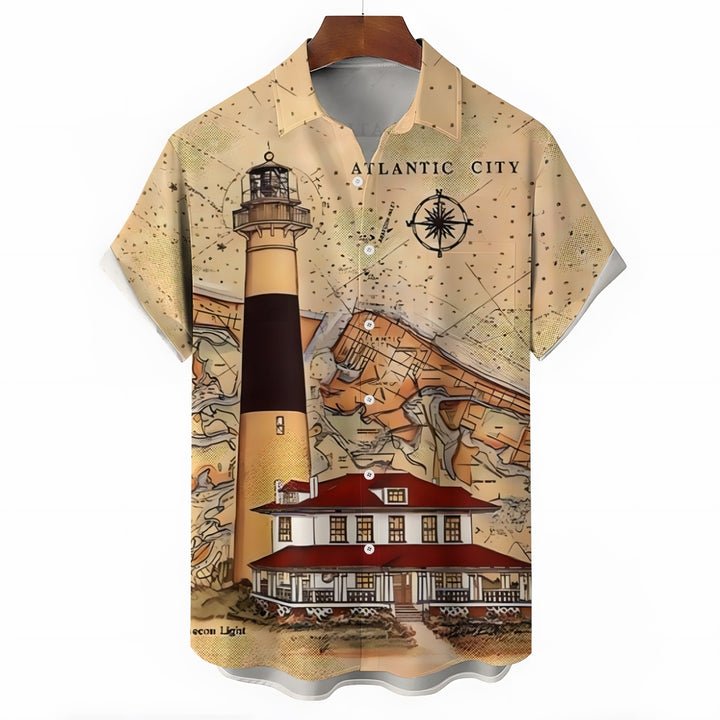 Nautical Lighthouse Print Chest Pocket Short Sleeve Shirt 2411005869