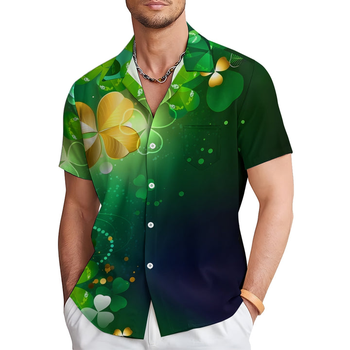 St. Patrick's Day Four-Leaf Clover Print Casual Shirt 2412006491