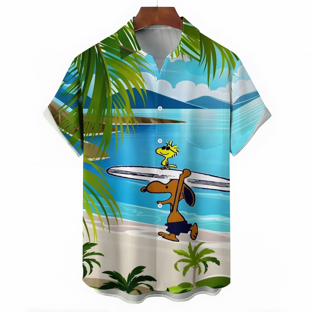 Cartoon Dog Surfing Hawaiian Casual Short Sleeve Shirt 2408007620