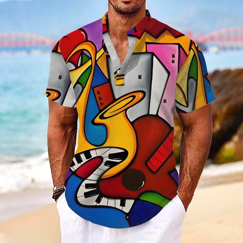 Musical Instruments Abstract Geometric Print Stand-Up Collar Half-Lapel Short-Sleeved Shirt