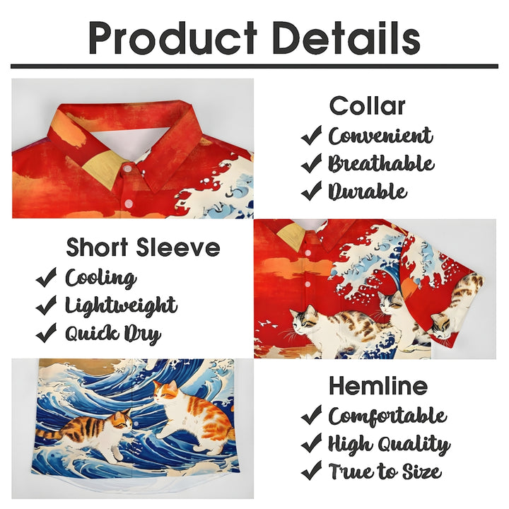Ukiyo-E Style Cat Print Short Sleeve Shirt 2404001927