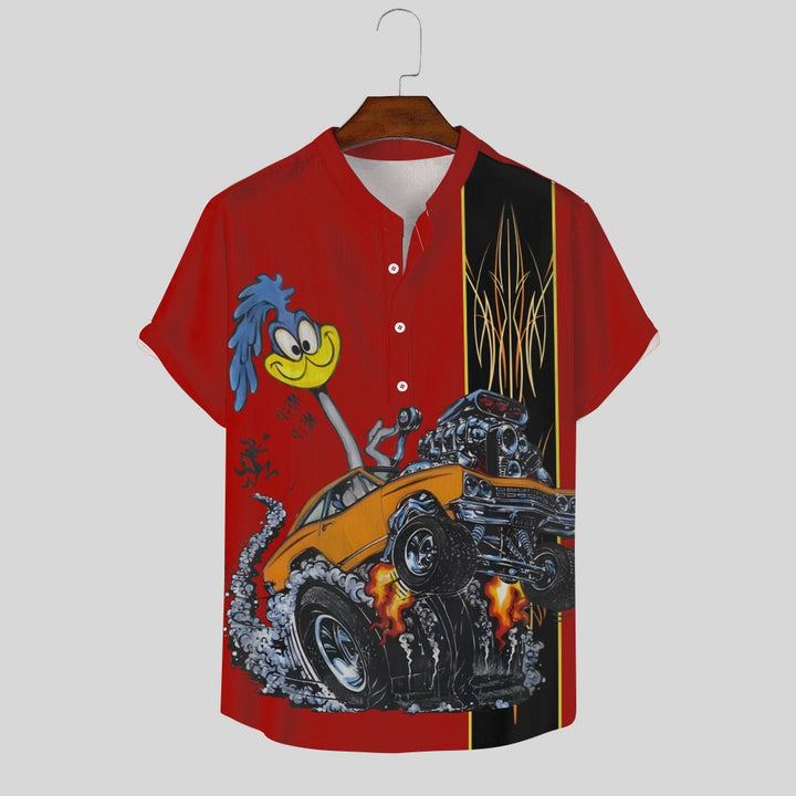 Classic Cartoon Modified Car Printing Stand-Up Collar Half-Lapel Short-Sleeved Shirt