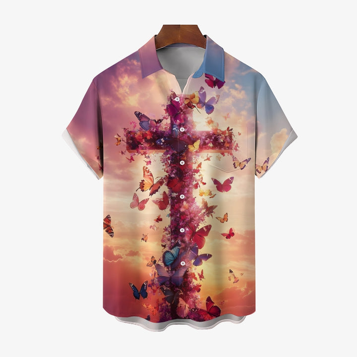 Easter Cross Butterfly Print Short Sleeve Shirt 2412009497