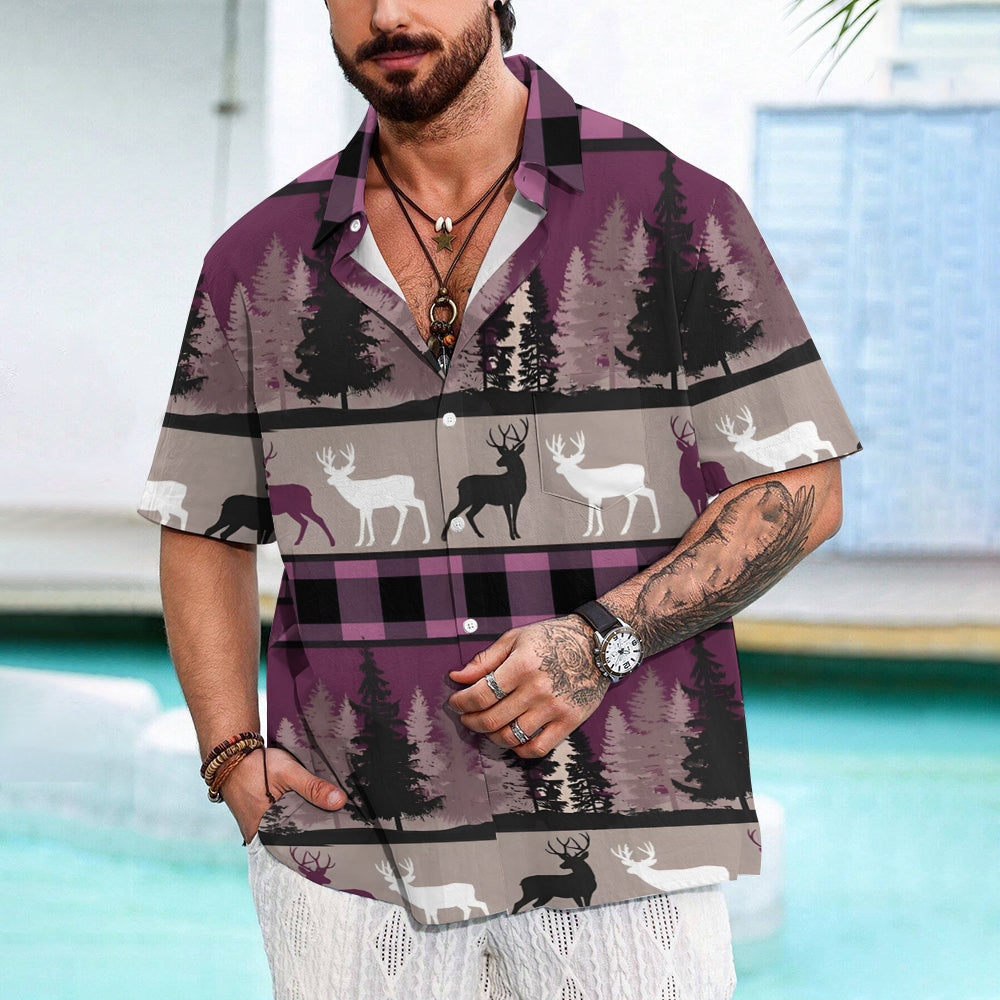 Elk And Pine Trees Casual Short Sleeve Shirt 2410007005