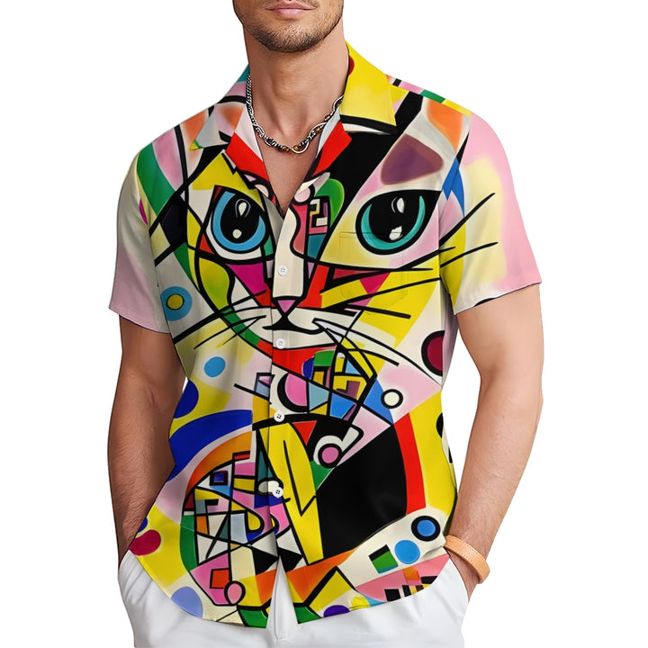 Geometric Abstract Cat Casual Short Sleeve Shirt 2409006088