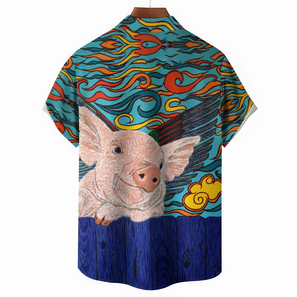 Flying Pig Cartoon Print Casual Large Size Short Sleeve Shirt 2407005325