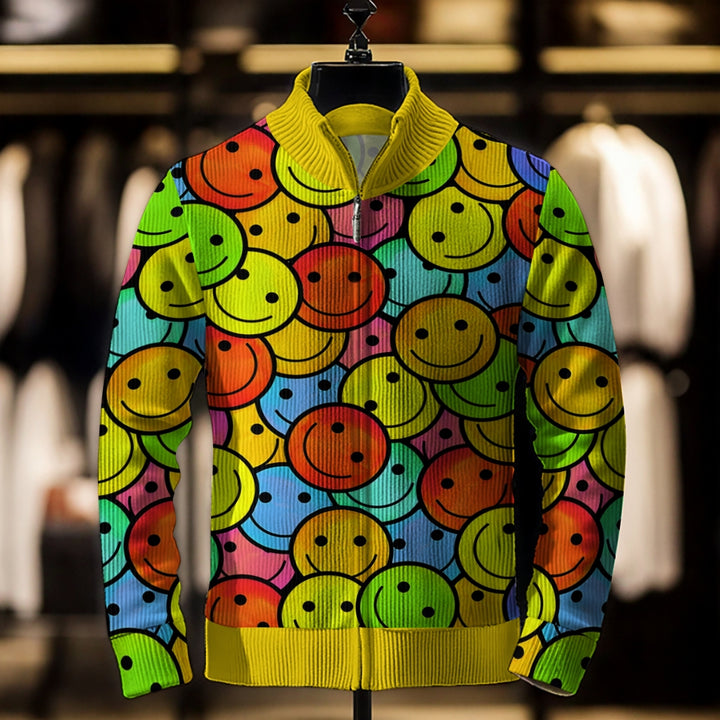 Men's Smiley Face Print Zip-Up Sweater Jacket 2409005180