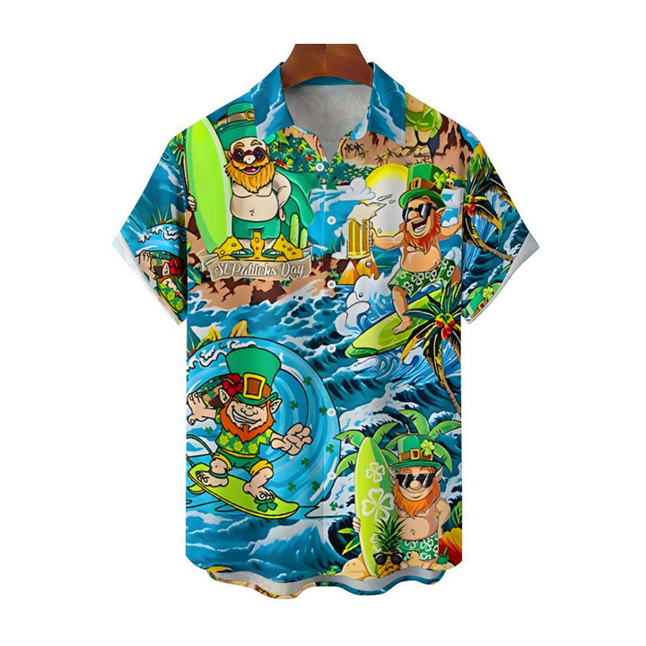 St. Patrick's Day Surf Vacation Print Breast Pocket Short Sleeve Shirt