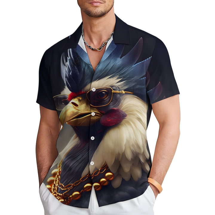 Men's Rooster Print Casual Short Sleeve Shirt 2405001046