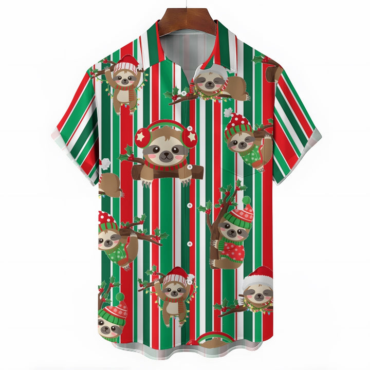 Christmas Striped Sloth Print Short Sleeve Shirt 2409010818