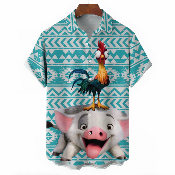 Men's Cartoon Rooster Riding A Pig Print Short Sleeve Shirt 2410002351