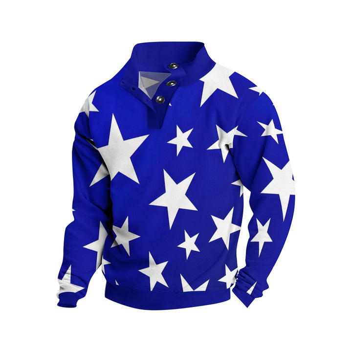 Men's Button Blue Star Print Casual Long Sleeve Sweatshirt 2410007046