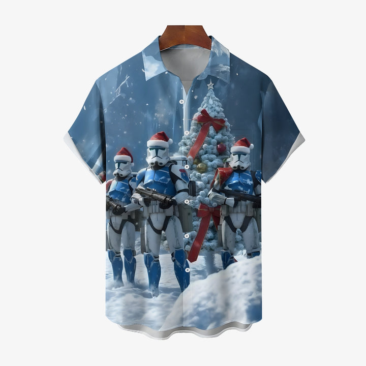 Christmas Cartoon Space Warrior Santa Claus Print  Short Sleeve Shirt 2412005904