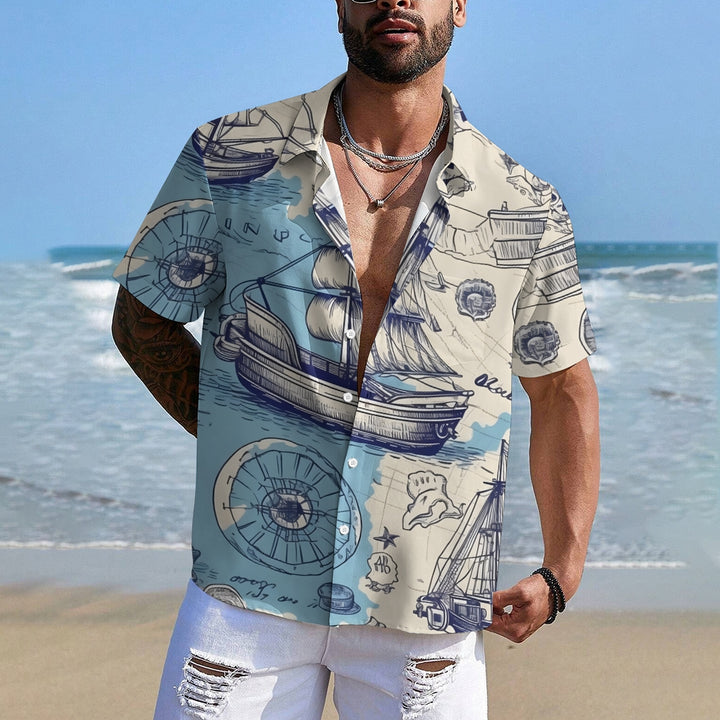 Nautical Sailboat Print Chest Pocket Short Sleeve Shirt 2411006014