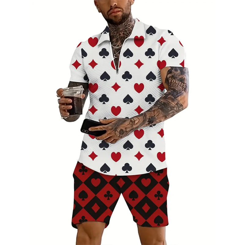 Men's poker print casual polo shirt and shorts set