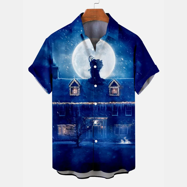 Men's Christmas Night Monster's Visit Printed Short Sleeve Shirt