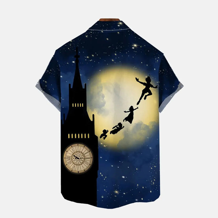 Cartoon Fairy Tale Magic Boy And Clock Tower Silhouettes Printing Shirt