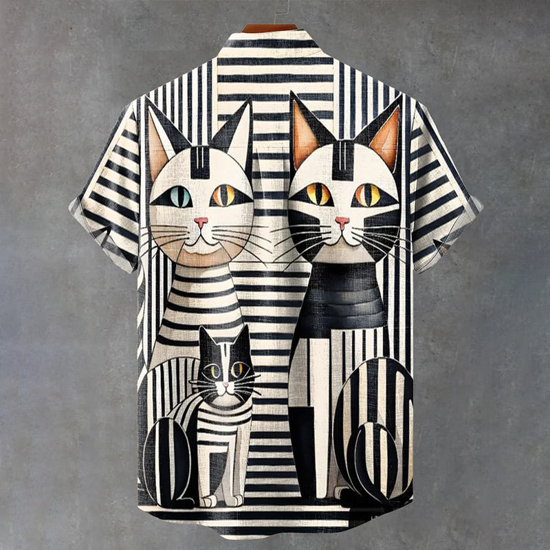 Abstract Funny Animals Black and White Interval Cat Vintage Print Shirt