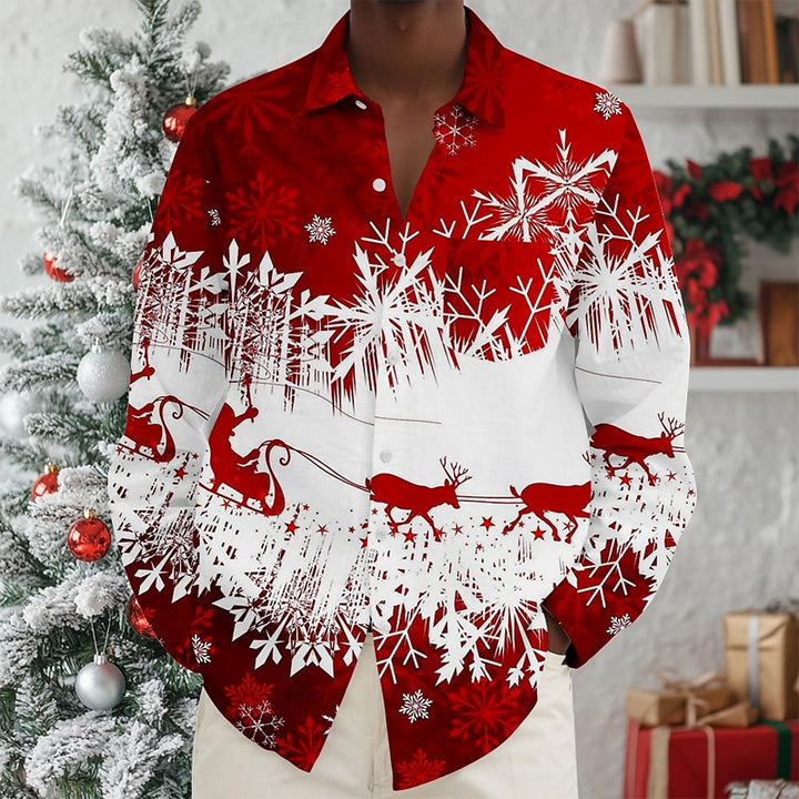 Men's Christmas Santa Claus Rudolph Button Up Long Sleeve Shirt