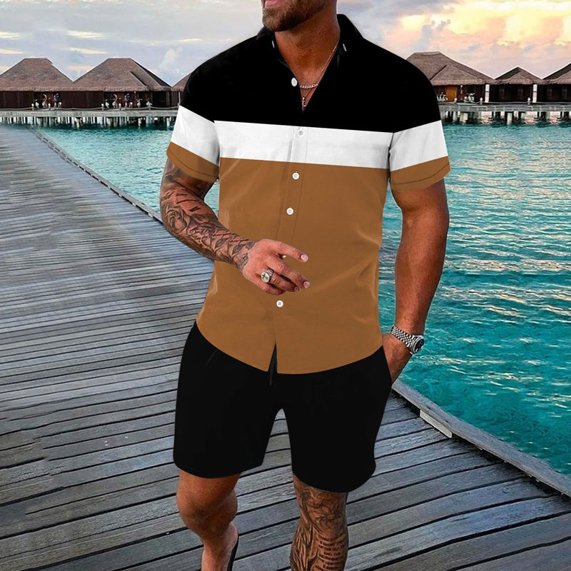 Men's contrast color short-sleeved shirt and shorts set