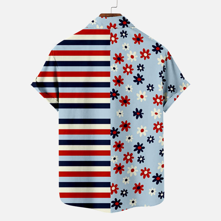 Independence Day Flower Stripe Pattern Short Sleeve Shirt