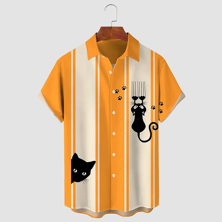 Fun Cat Vintage Bowling Print Men's Button Pocket Short Sleeve Shirt