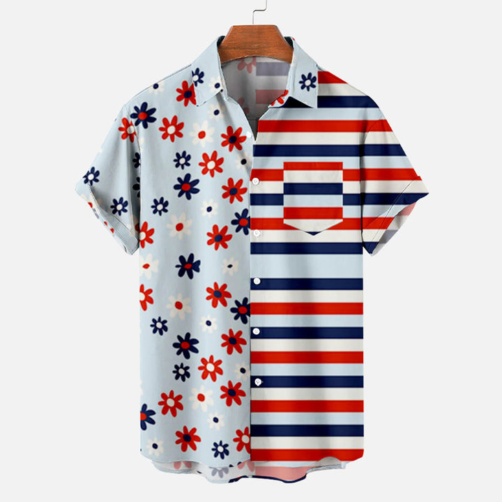 Independence Day Flower Stripe Pattern Short Sleeve Shirt