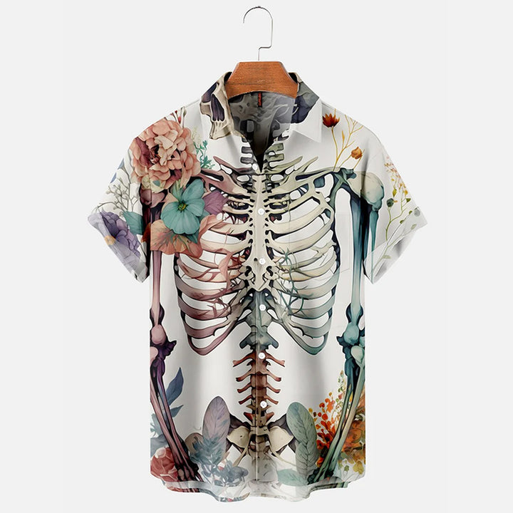 Skull Floral Pocket Casual Hawaiian Printed Short Sleeve Shirt