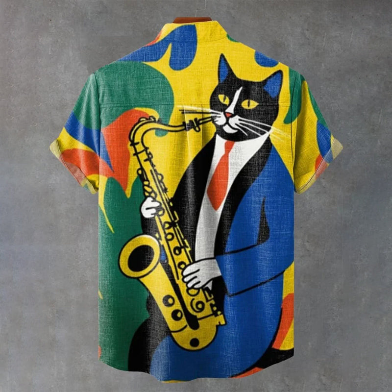 Vintage Mondrian Art Cat Playing Saxophone Cat Print Casual Shirt 2409000409