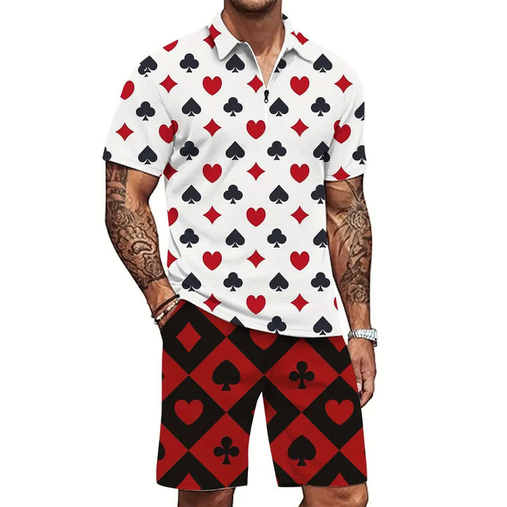 Men's poker print casual polo shirt and shorts set