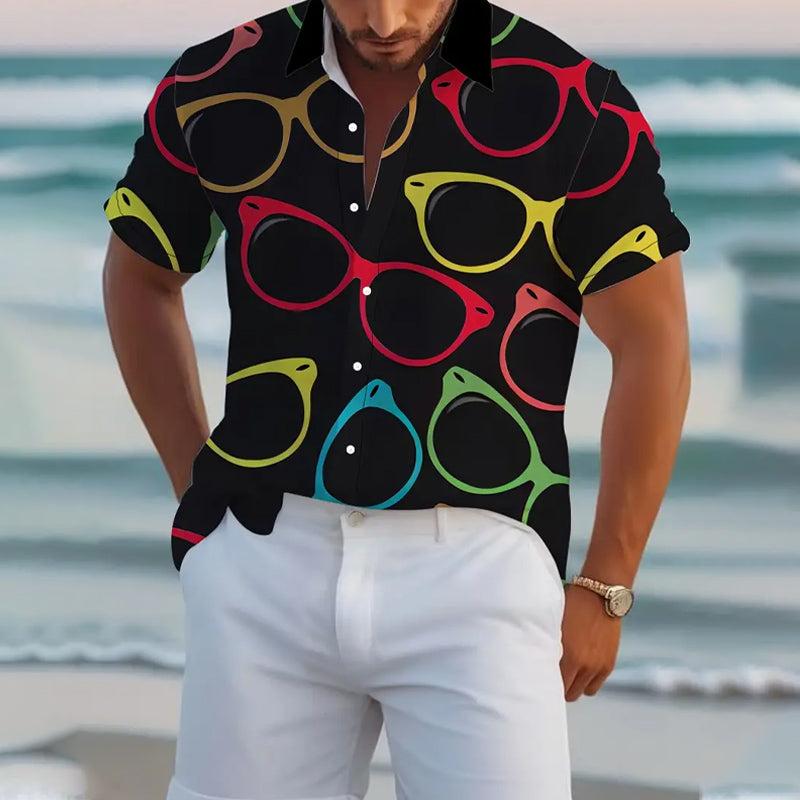 Men's 3D Colorful Glasses Pattern Print Button Up Lapel Shirt 2408009423