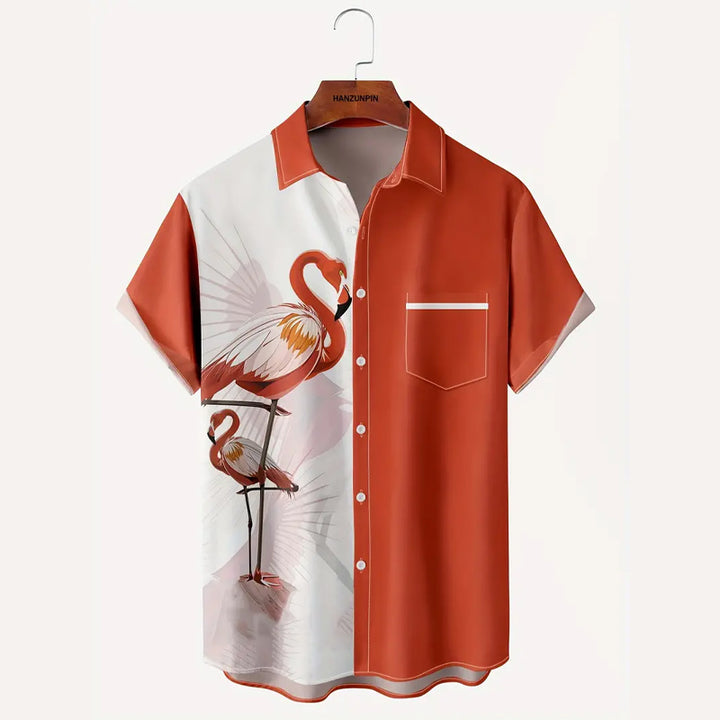 Men's Flamingo Block Color Button Down Lapel Shirts