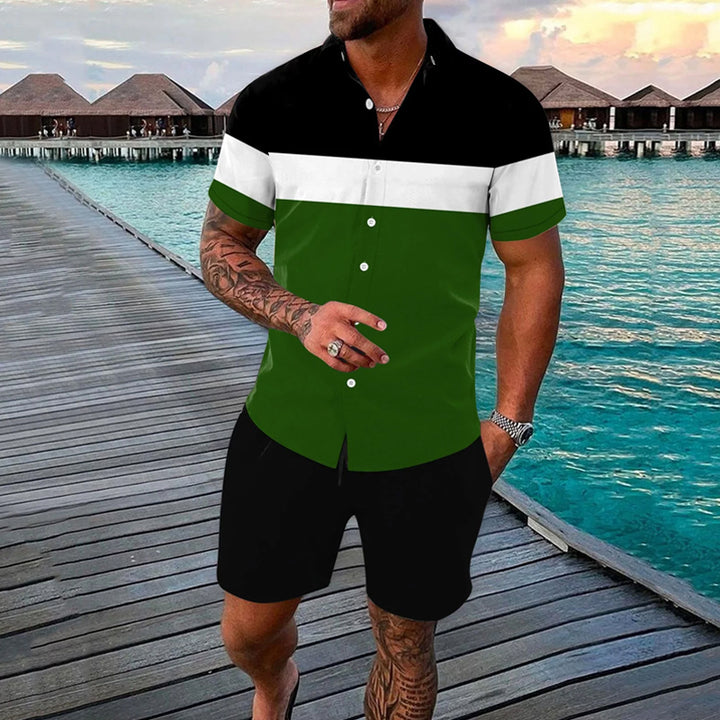 Men's contrast color short-sleeved shirt and shorts set