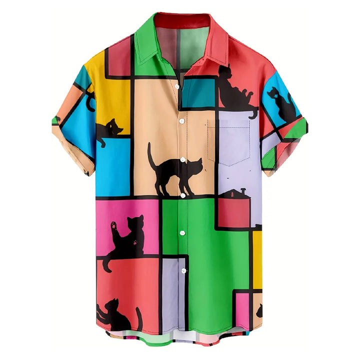 Men's Color Block Cat Print Pocket Shirt 2405001962