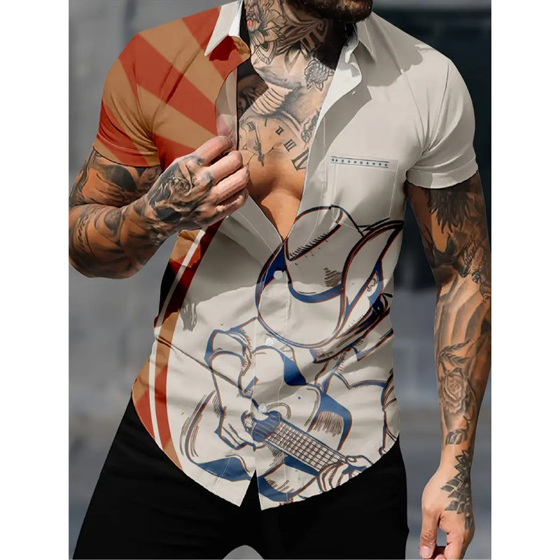 Men's Retro Creative Button Up Lapel Shirt With Unique Print
