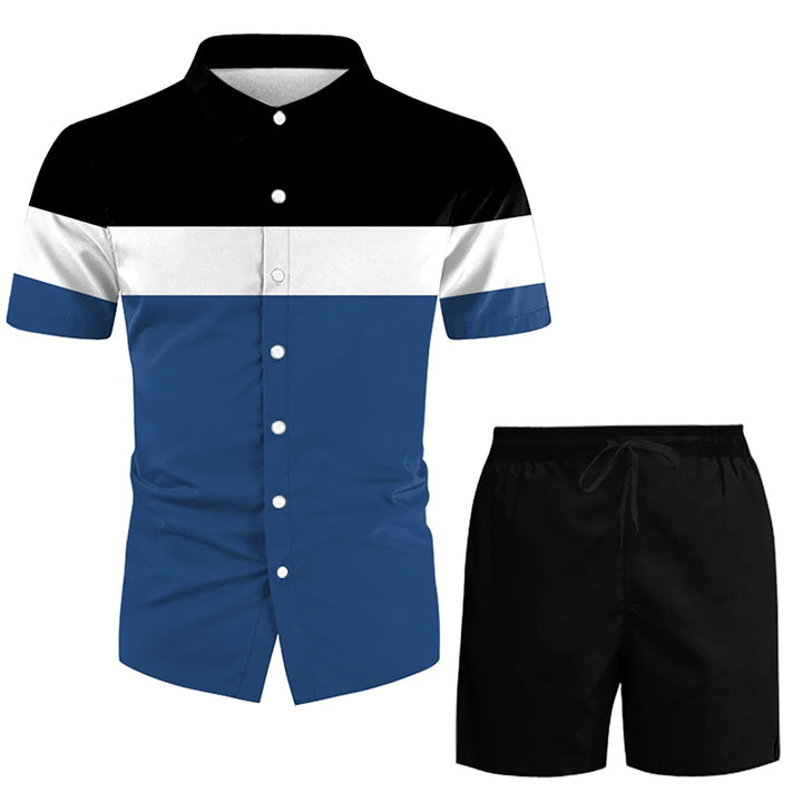 Men's contrast color short-sleeved shirt and shorts set