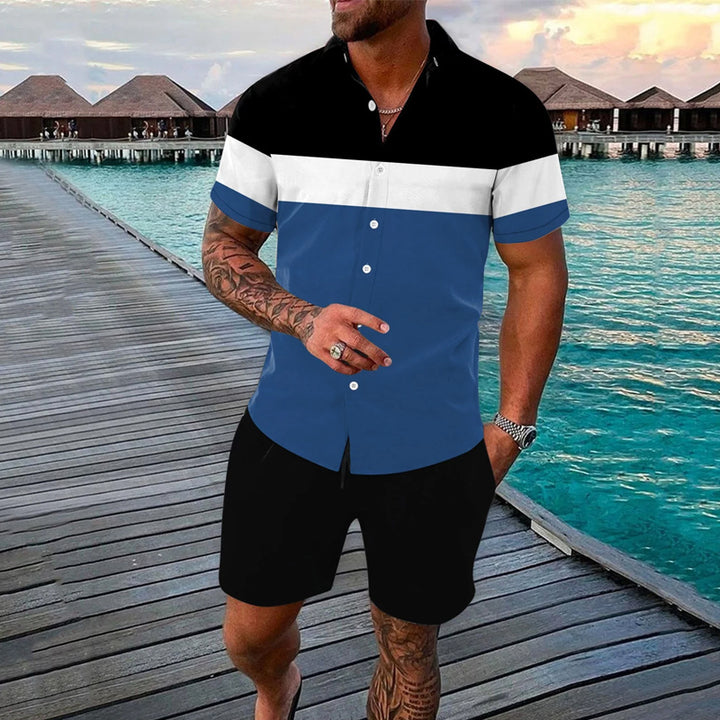 Men's contrast color short-sleeved shirt and shorts set