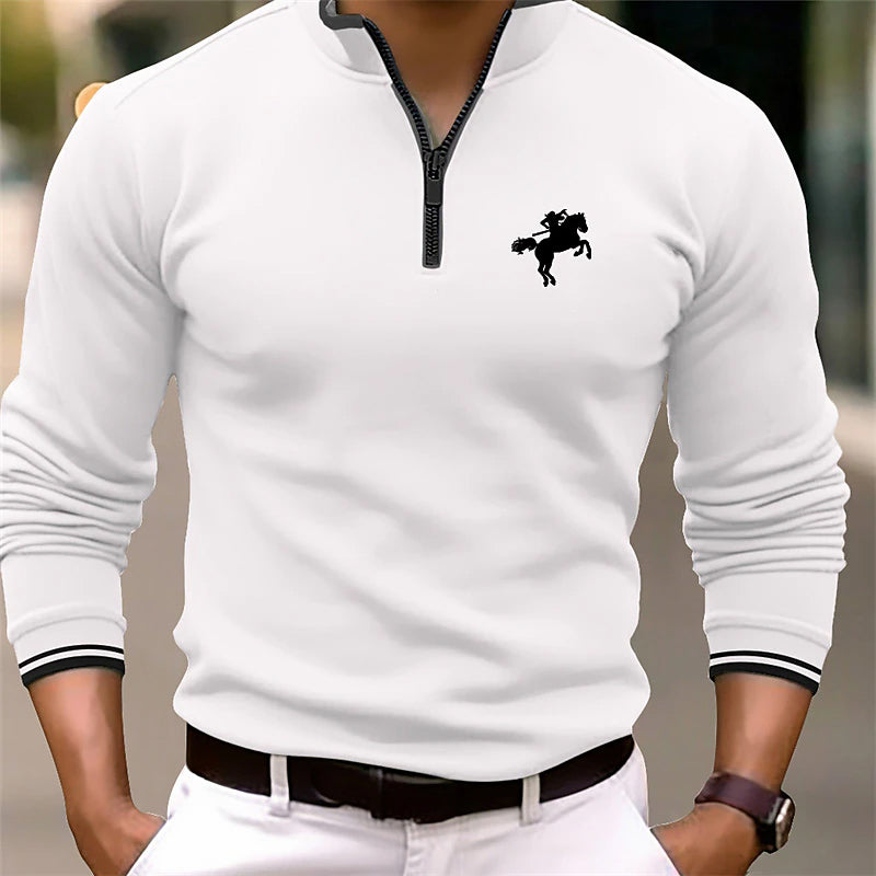 Men's Solid Color Stand Collar Long Sleeve Zip Polo