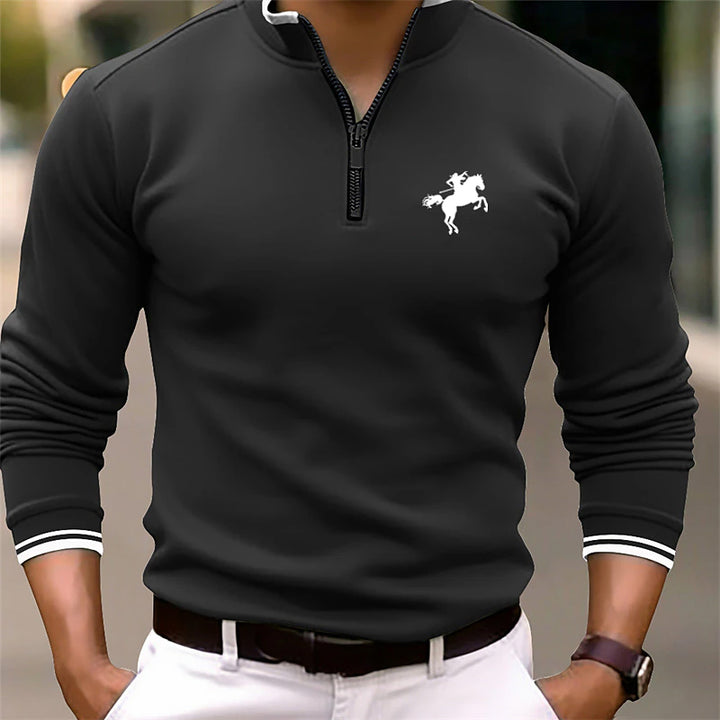 Men's Solid Color Stand Collar Long Sleeve Zip Polo