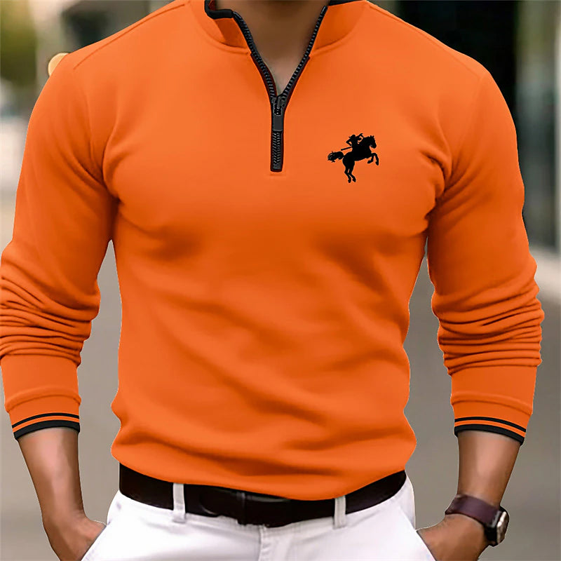 Men's Solid Color Stand Collar Long Sleeve Zip Polo