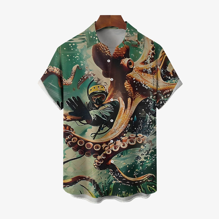 Octopus Diver Printed Casual Oversized Short Sleeve Shirt 2407000599
