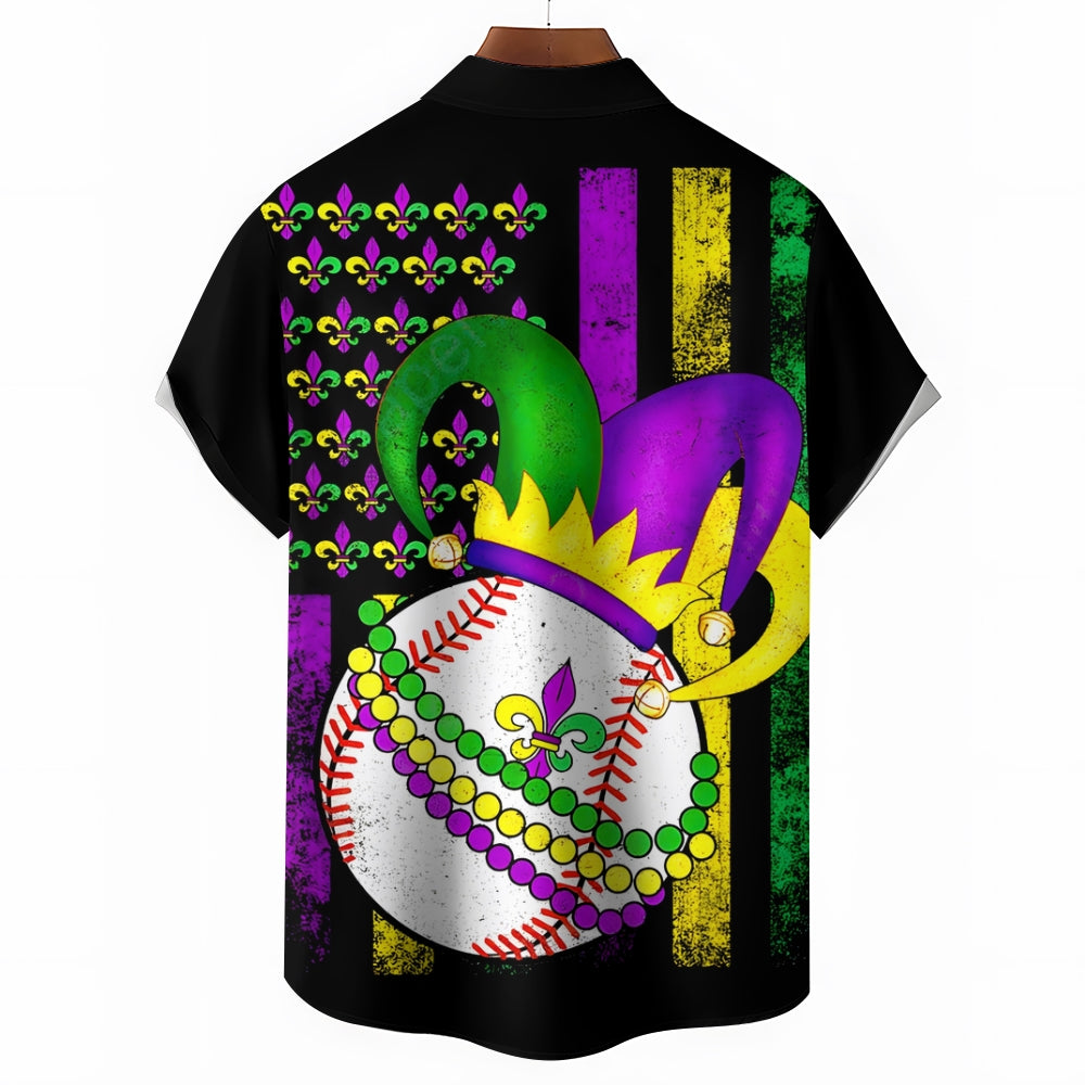 Men's Mardi Gras Baseball Print Casual Short Sleeve Shirt 2412002277