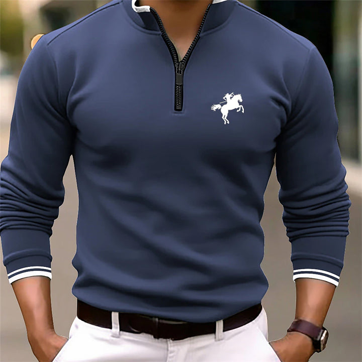 Men's Solid Color Stand Collar Long Sleeve Zip Polo