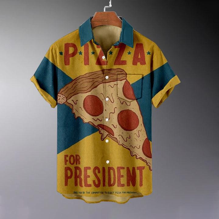 Men's Retro Pizza Poster Printed Short Sleeve Shirt 2408009345