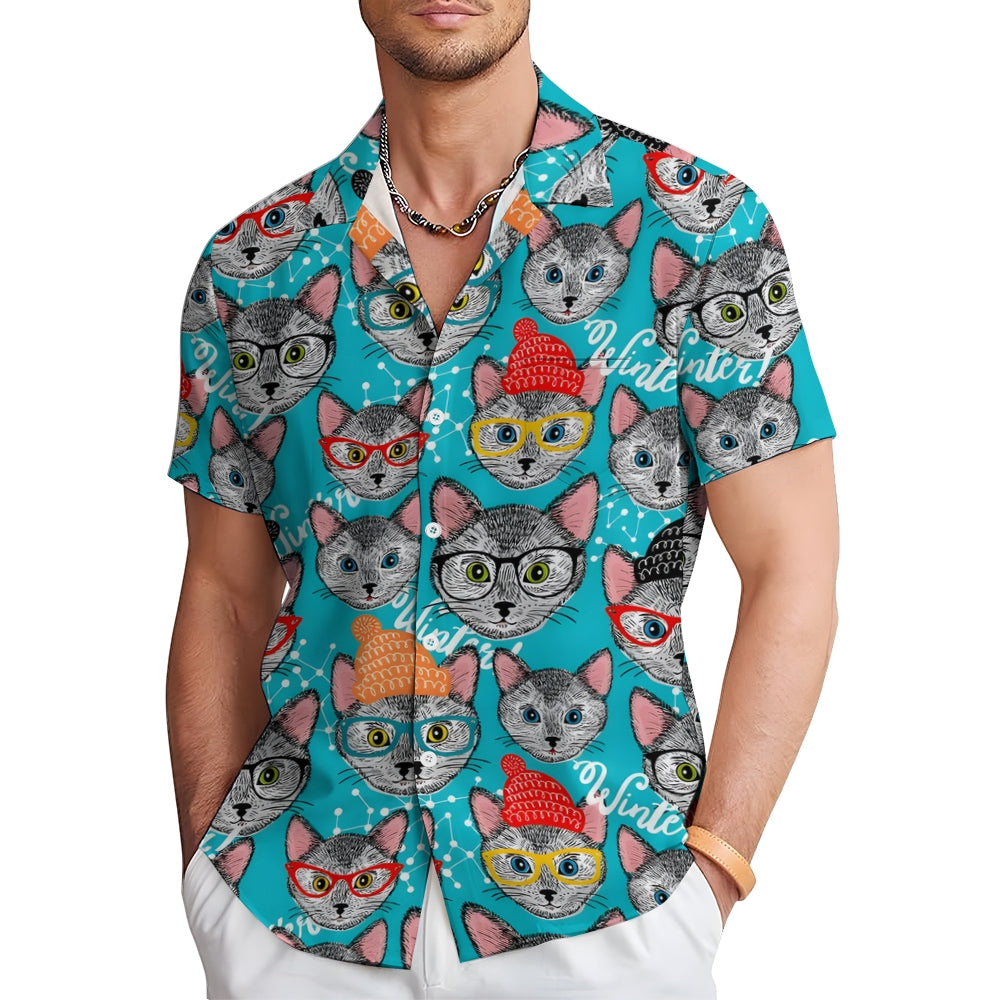 Cat With Woolen Hat And Glasses Casual Short Sleeve Shirt 2410001928