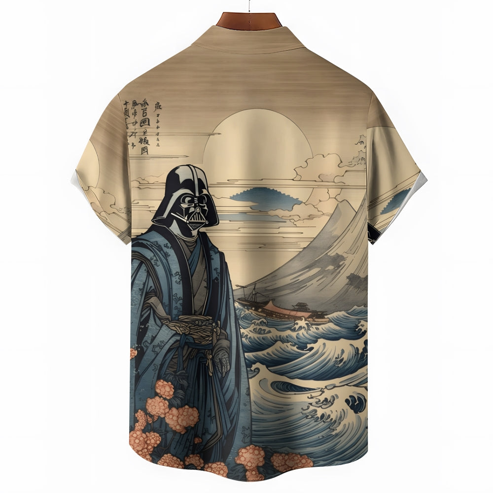 Ukiyo-E Retro Masked Warrior And Landscape Painting Printing Short Sleeve Shirt 2404001929
