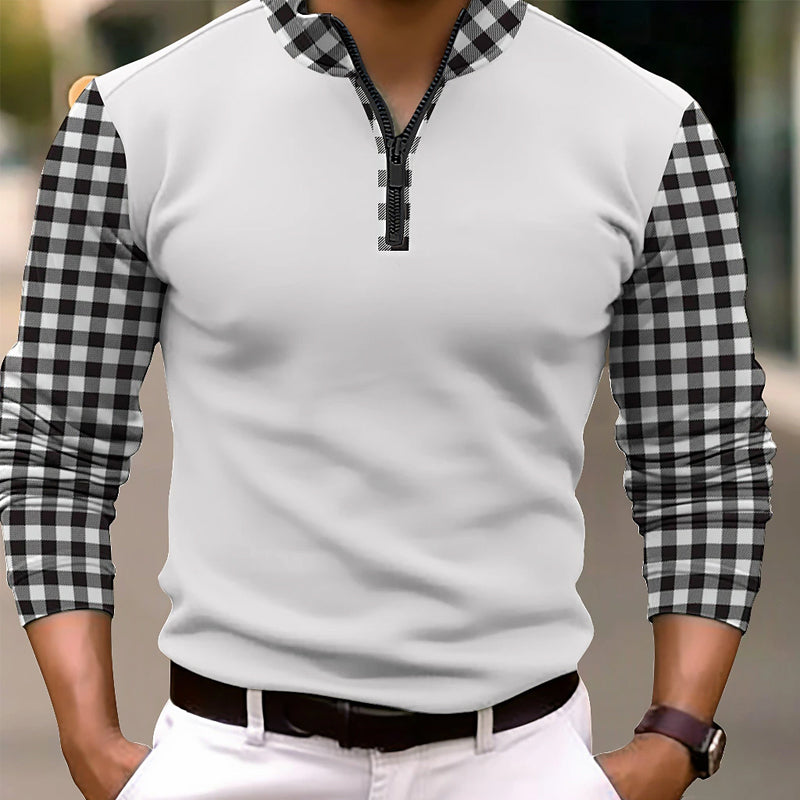 Men's Color Block Plaid Long Sleeve Polo Shirt