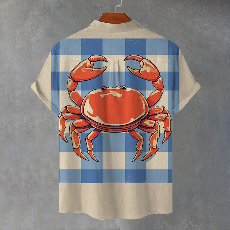 Retro Crab Check Print Casual Henley Shirt