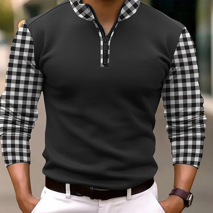 Men's Color Block Plaid Long Sleeve Polo Shirt